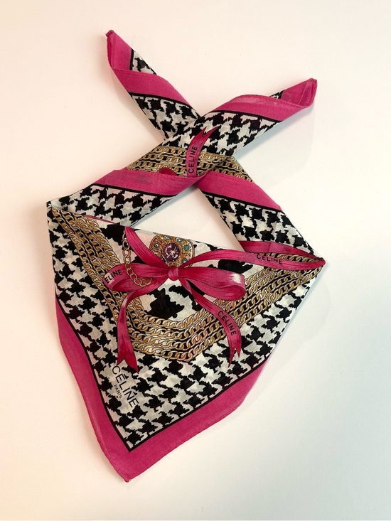 Celine Accessories - WOMEN HANDKERCHIEF CELINE Houndstooth Black Pink Bow COTTON POCKET SQUARE 18”